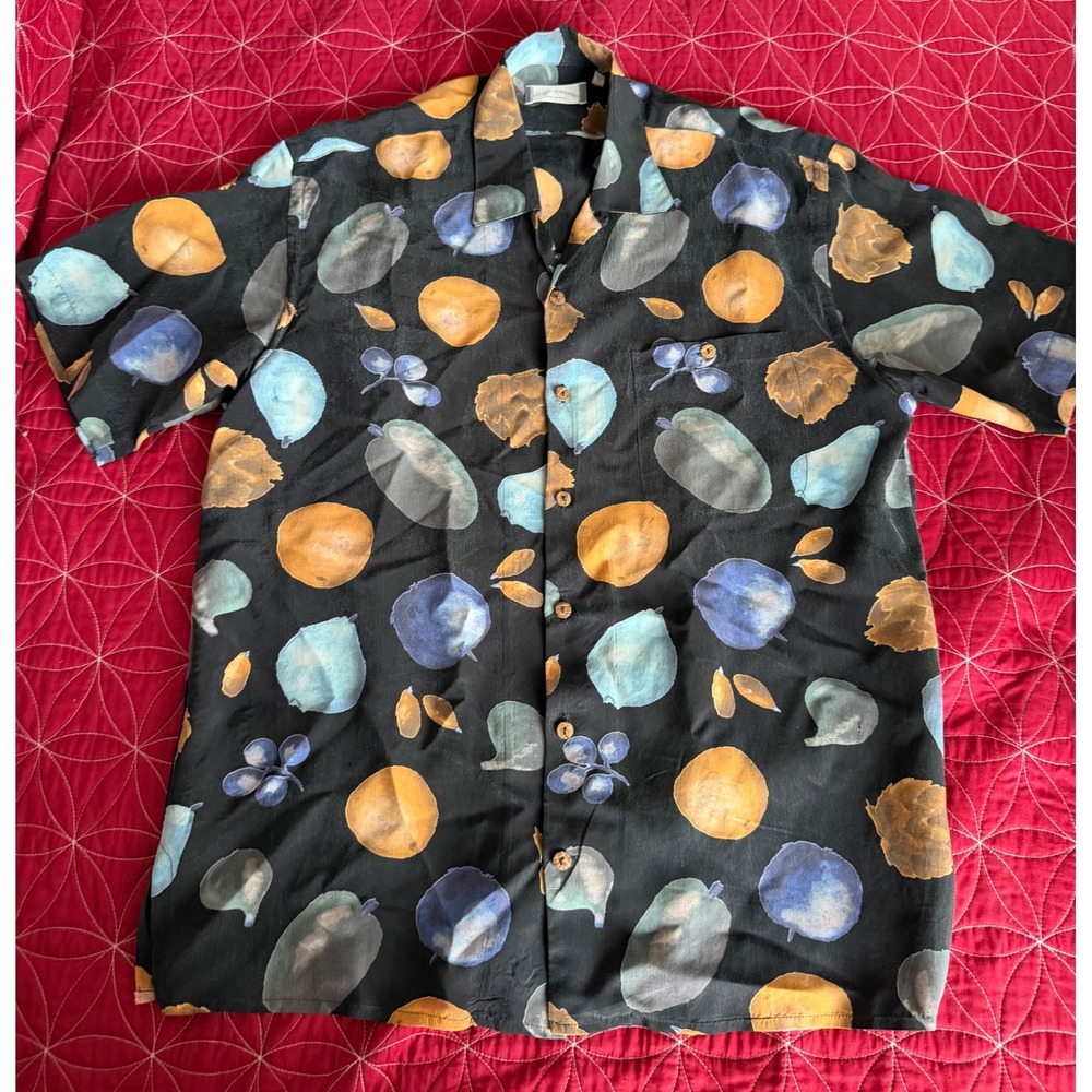 Riscatto Portofino Mens Fruit Print Shirt 100% Cupro Made in Italy Black Medium